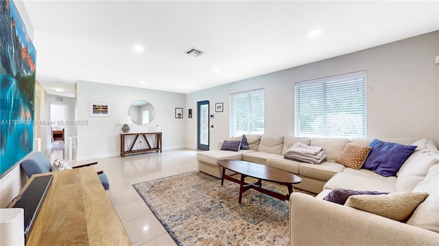8435 SW 157th St, Palmetto Bay, FL 33157 - living area featuring recessed lighting, visible vents, baseboards, and light tile patterned flooring