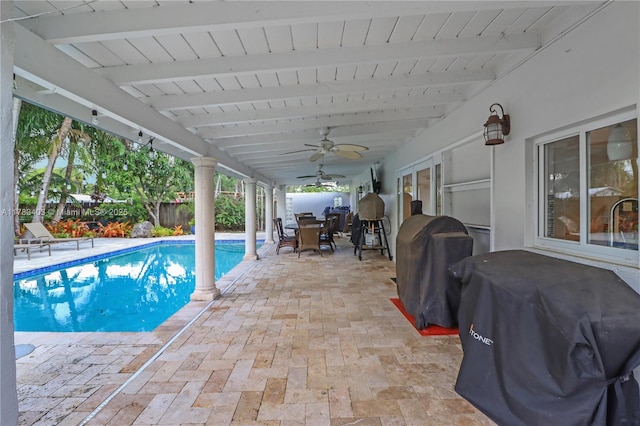 8435 SW 157th St, Palmetto Bay, FL 33157 - view of pool featuring a patio area, a ceiling fan, area for grilling, outdoor dining area, and a fenced in pool