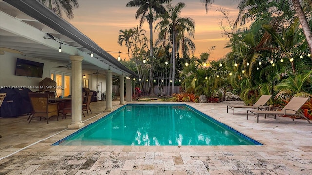 8435 SW 157th St, Palmetto Bay, FL 33157 - pool with fence, a patio, and a ceiling fan