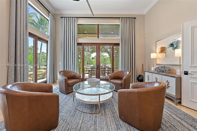 living area with crown molding, french doors, and a high ceiling