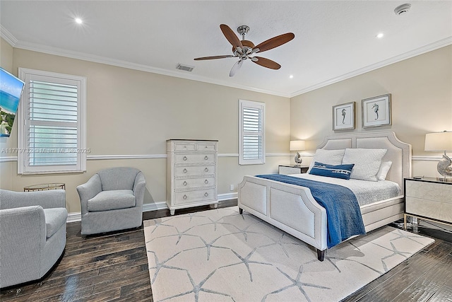 bedroom featuring visible vents, baseboards, crown molding, recessed lighting, and wood-type flooring