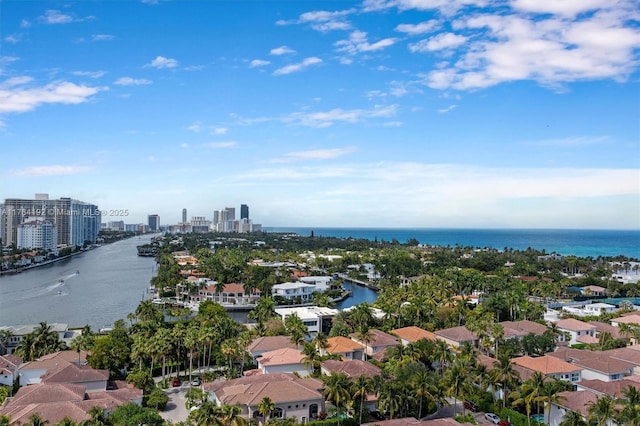 drone / aerial view with a water view, a city view, and a residential view