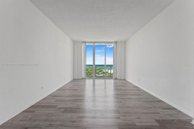 empty room with a textured ceiling, wood finished floors, and expansive windows