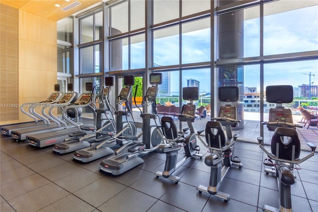 3470 E Coast Ave Unit H2706, Miami, FL 33137 - exercise room featuring floor to ceiling windows, a city view, and a high ceiling