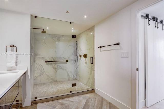 20191 E Country Club Dr Unit 802, Aventura, FL 33180 - bathroom featuring recessed lighting, vanity, baseboards, and a marble finish shower