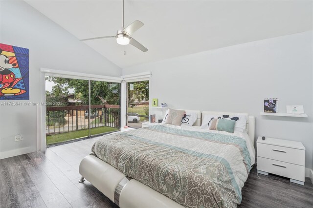 1000 NE 204th Ln, Miami, FL 33179 - bedroom featuring wood finished floors, access to exterior, high vaulted ceiling, and ceiling fan