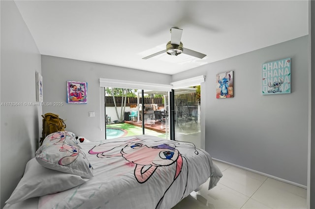 1000 NE 204th Ln, Miami, FL 33179 - bedroom featuring light tile patterned flooring, baseboards, ceiling fan, and access to exterior