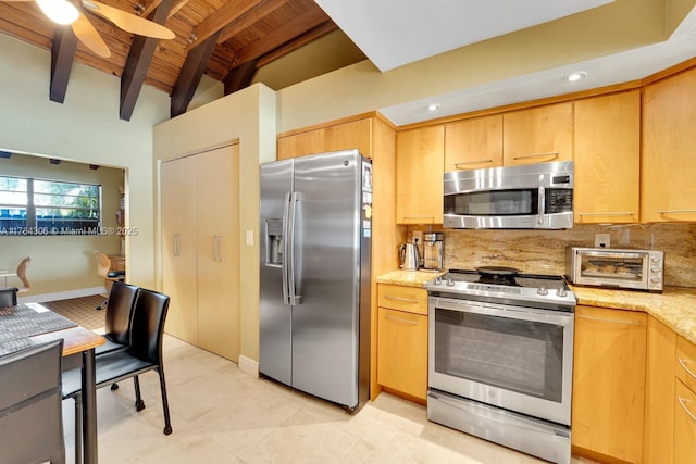 kitchen featuring appliances with stainless steel finishes, light brown cabinetry, backsplash, and wooden ceiling