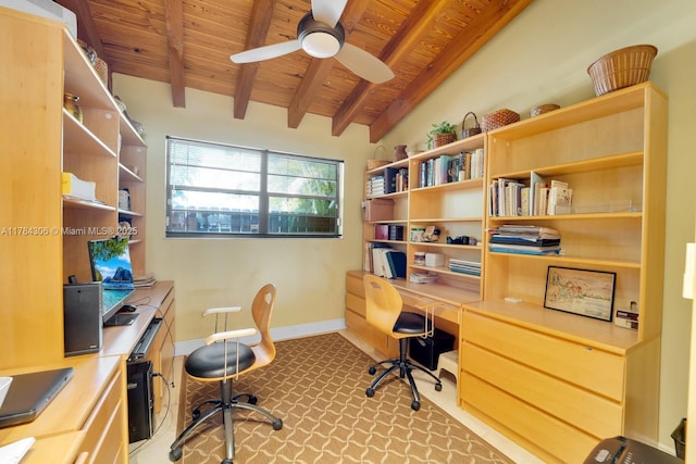 office space with built in desk, wood ceiling, beamed ceiling, and ceiling fan
