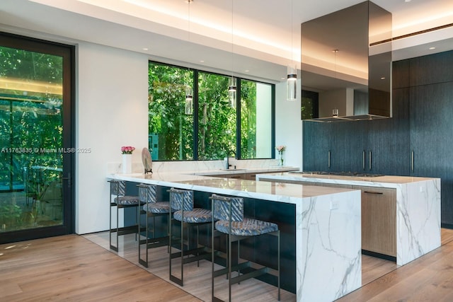 bar featuring light wood-type flooring, gas stovetop, ventilation hood, a sink, and decorative light fixtures