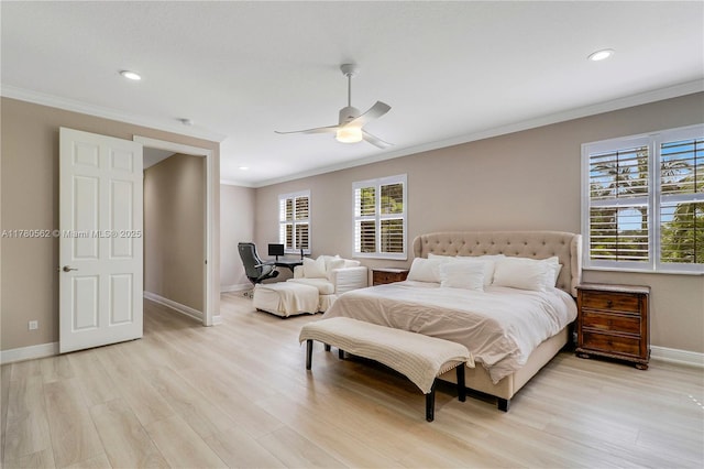 bedroom with baseboards, recessed lighting, light wood-style flooring, crown molding, and a ceiling fan
