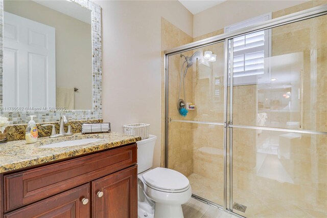 full bath with toilet, a shower stall, and vanity
