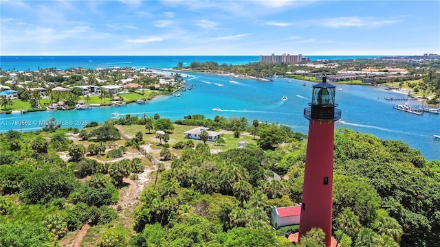 drone / aerial view featuring a water view