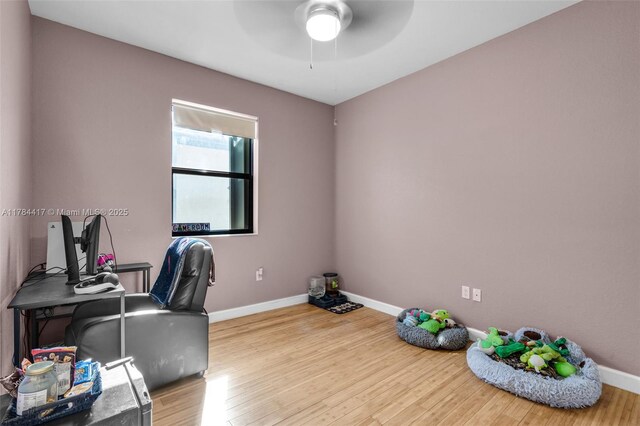 office area featuring baseboards, a ceiling fan, and wood finished floors