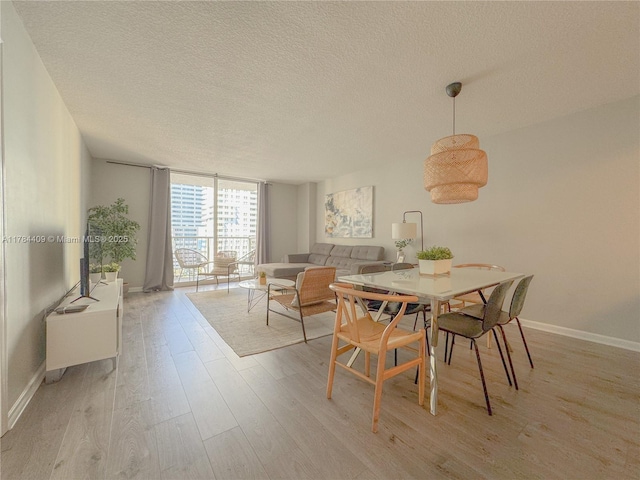 dining room with floor to ceiling windows, baseboards, light wood-type flooring, and a textured ceiling