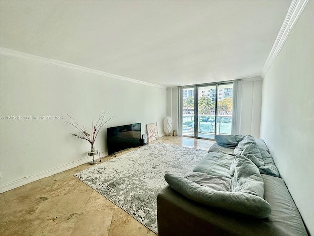 living area with crown molding, floor to ceiling windows, and baseboards
