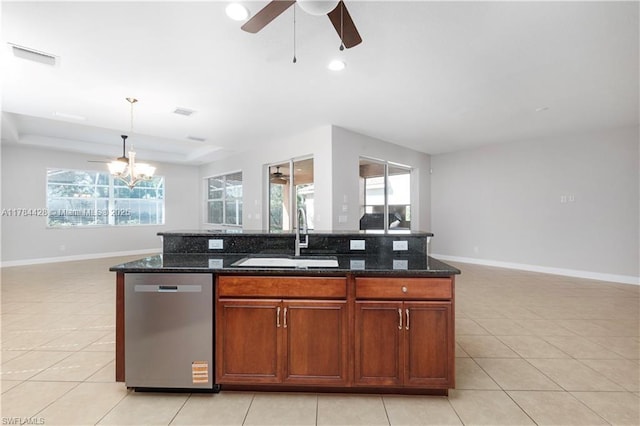 19726 Tesoro Way, Estero, FL 33967 - kitchen featuring a sink, ceiling fan with notable chandelier, open floor plan, and dishwasher