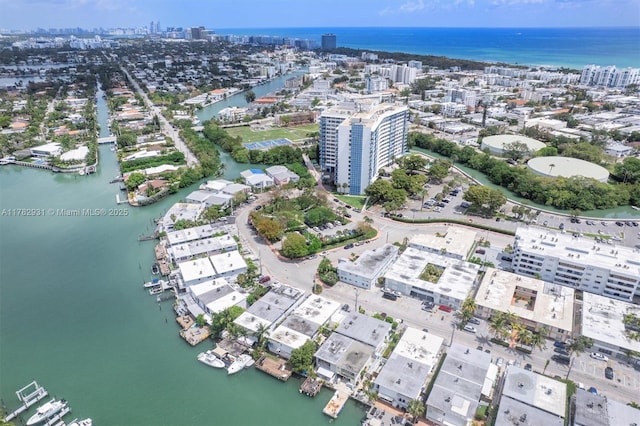 aerial view with a water view and a city view