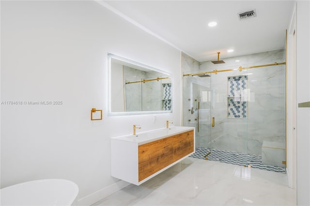 bathroom featuring visible vents, recessed lighting, double vanity, a marble finish shower, and marble finish floor