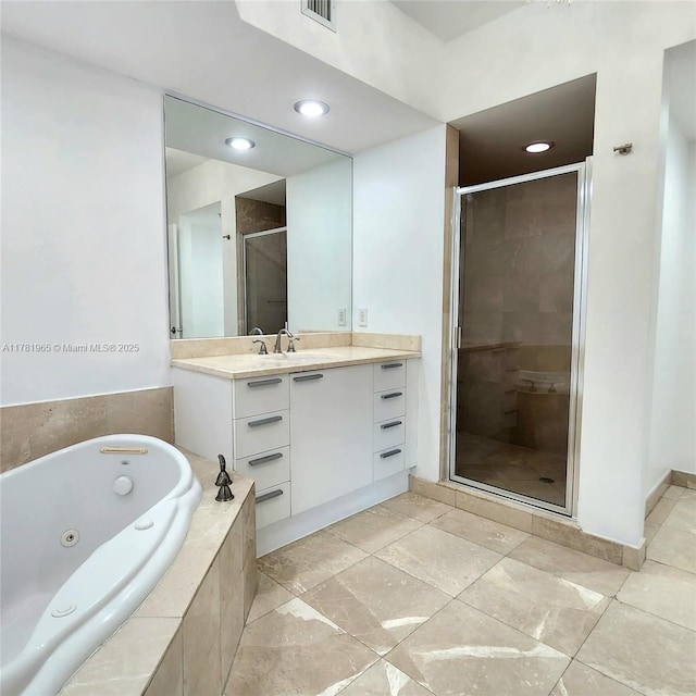 14951 Royal Oaks Ln Unit 203, North Miami, FL 33181 - full bathroom with visible vents, recessed lighting, a jetted tub, vanity, and a stall shower