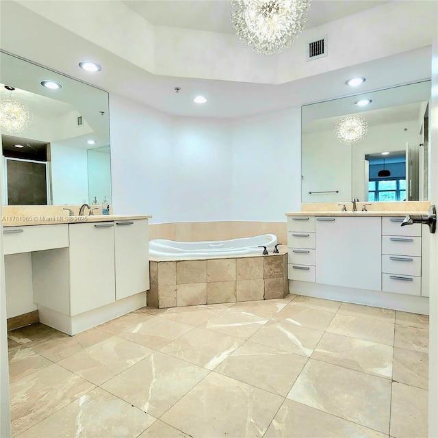 14951 Royal Oaks Ln Unit 203, North Miami, FL 33181 - bathroom featuring visible vents, a notable chandelier, a sink, recessed lighting, and a garden tub
