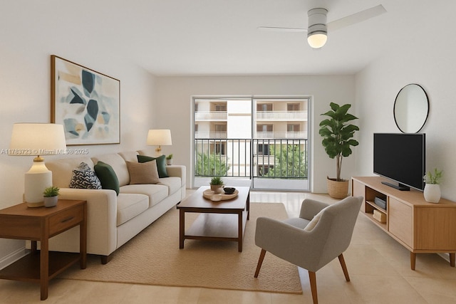 677 NE 24th St Unit 504, Miami, FL 33137 - living room featuring light tile patterned flooring and a ceiling fan