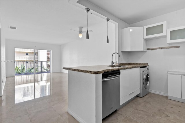 677 NE 24th St Unit 504, Miami, FL 33137 - kitchen with washer / dryer, dishwasher, white cabinets, glass insert cabinets, and modern cabinets