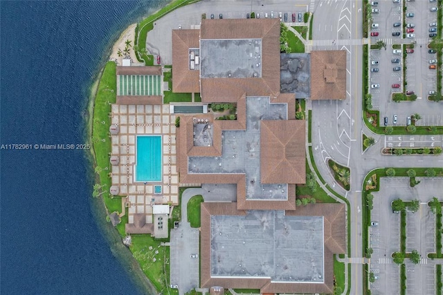 drone / aerial view featuring a water view
