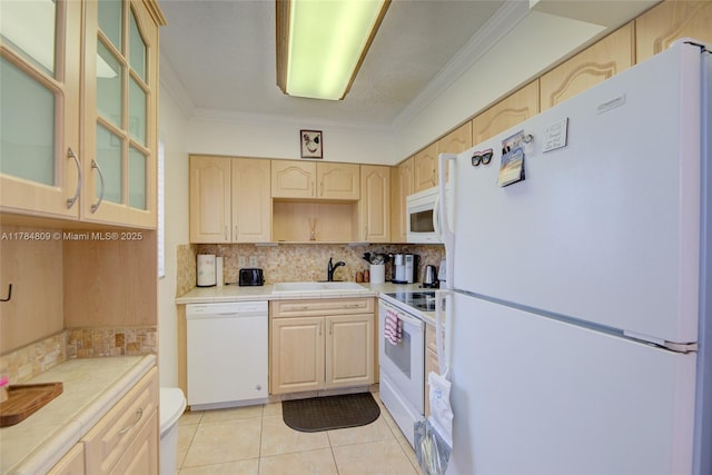 920 SW 10th Ter Unit 12Ar, Hallandale Beach, FL 33009 - kitchen featuring tile counters, backsplash, light brown cabinets, and white appliances