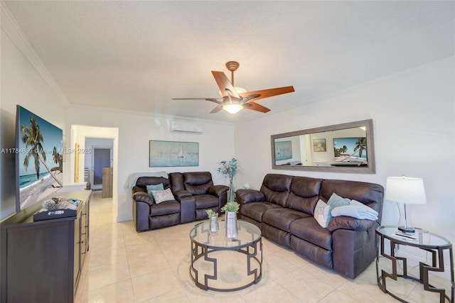 920 SW 10th Ter Unit 12Ar, Hallandale Beach, FL 33009 - living room featuring a textured ceiling, a wall mounted air conditioner, a ceiling fan, ornamental molding, and light tile patterned floors