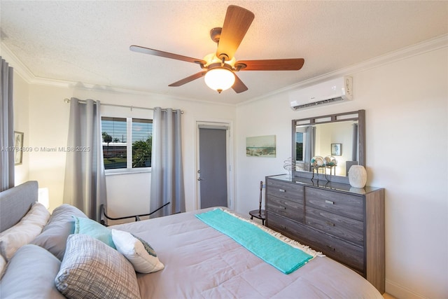 920 SW 10th Ter Unit 12Ar, Hallandale Beach, FL 33009 - bedroom featuring a textured ceiling, a ceiling fan, a wall unit AC, and ornamental molding