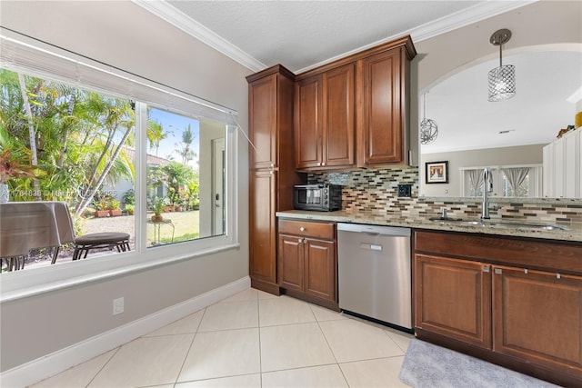 kitchen featuring ornamental molding, light stone counters, backsplash, dishwasher, and a sink