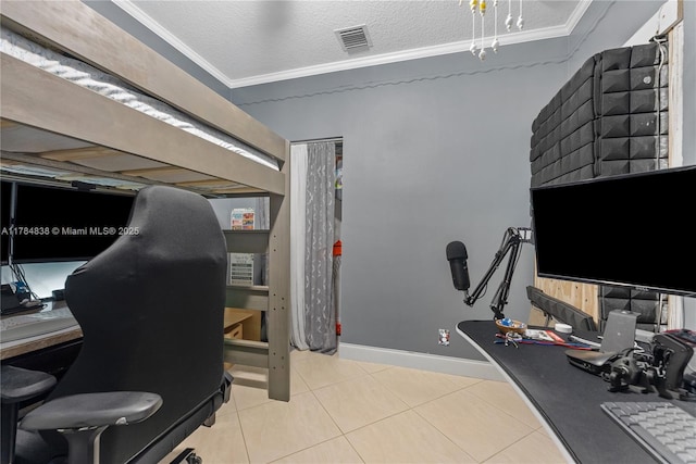 tiled home office with crown molding, baseboards, visible vents, and a textured ceiling