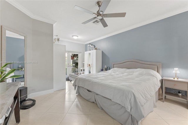 bedroom with visible vents, light tile patterned floors, ornamental molding, a ceiling fan, and french doors