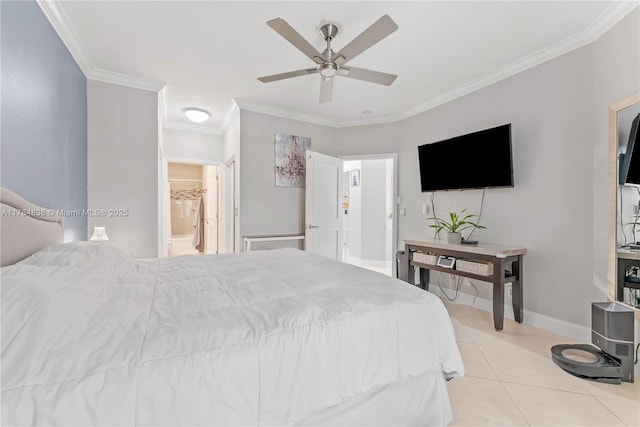 bedroom with light tile patterned floors, baseboards, ornamental molding, ceiling fan, and connected bathroom