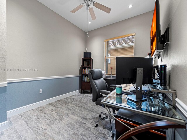 2021 SE 17th Ave, Homestead, FL 33035 - home office with ceiling fan, wood finished floors, baseboards, vaulted ceiling, and recessed lighting