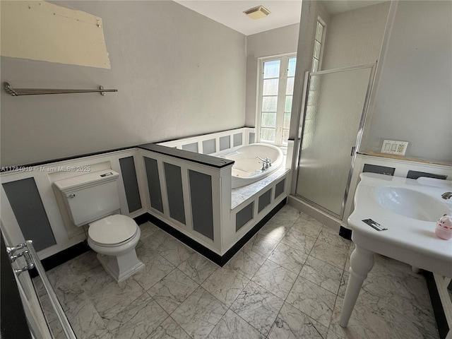 1722 Jefferson Ave, Miami Beach, FL 33139 - full bath with toilet, a shower stall, visible vents, a bath, and marble finish floor