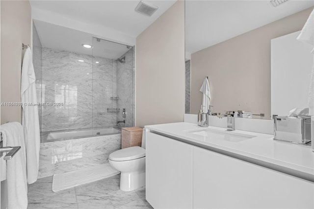 650 NE 32nd St Unit Bh6, Miami, FL 33137 - bathroom with marble finish flooring, a combined bath / shower with marble appearance, vanity, and recessed lighting