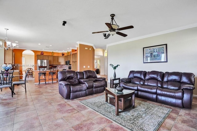 16519 SW 54th Ct, Miramar, FL 33027 - living area with a ceiling fan, crown molding, recessed lighting, arched walkways, and a chandelier