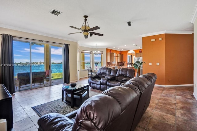 16519 SW 54th Ct, Miramar, FL 33027 - living area featuring a ceiling fan, crown molding, a chandelier, a water view, and recessed lighting