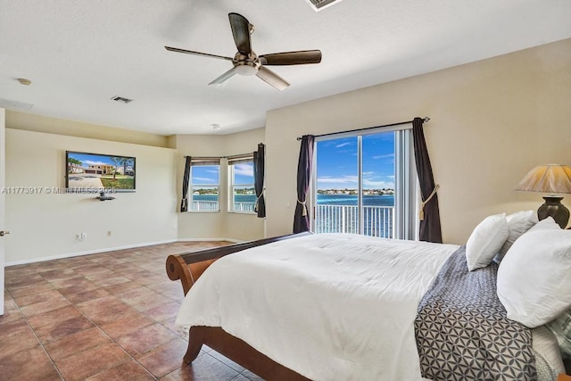 16519 SW 54th Ct, Miramar, FL 33027 - bedroom with access to outside, ceiling fan, a water view, baseboards, and tile patterned floors