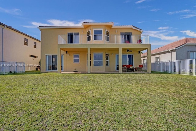 16519 SW 54th Ct, Miramar, FL 33027 - back of property with stucco siding, a balcony, ceiling fan, and a patio area