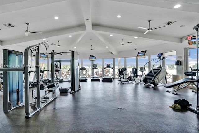 16519 SW 54th Ct, Miramar, FL 33027 - gym featuring healthy amount of natural light, ceiling fan, beam ceiling, and recessed lighting