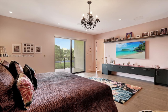 bedroom with light wood-style floors, a chandelier, access to exterior, recessed lighting, and baseboards