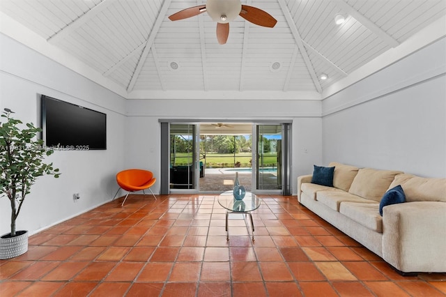 5721 Bayberry Ln, Tamarac, FL 33319 - tiled living room featuring high vaulted ceiling, a ceiling fan, and a wooden ceiling with exposed beams