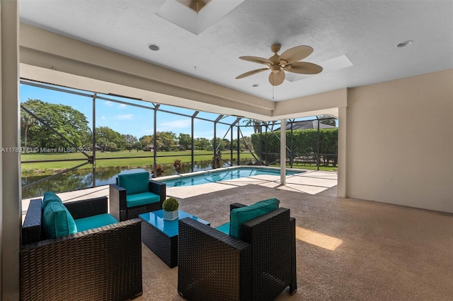 5721 Bayberry Ln, Tamarac, FL 33319 - outdoor pool featuring a patio area, ceiling fan, a lanai, an outdoor living space, and a water view