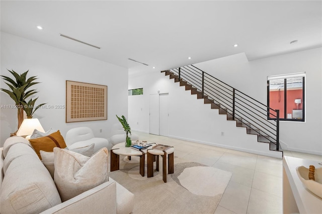 3070 Elizabeth St Unit 3070, Coconut Grove, FL 33133 - living area with stairs, light tile patterned floors, and recessed lighting