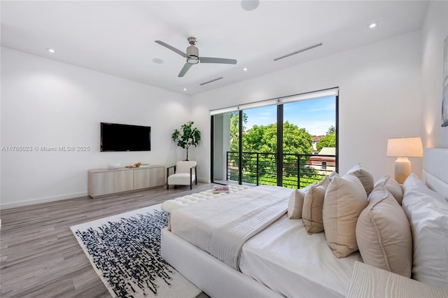 3070 Elizabeth St Unit 3070, Coconut Grove, FL 33133 - bedroom featuring light wood-type flooring, baseboards, a ceiling fan, access to exterior, and recessed lighting