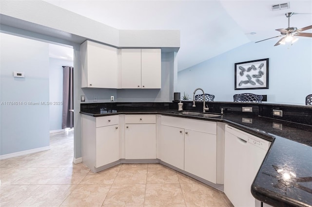 2661 SE 30th Ave, Naples, FL 34117 - kitchen featuring visible vents, lofted ceiling, white dishwasher, a sink, and ceiling fan