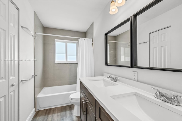 full bath with a closet, a sink, toilet, and wood finished floors